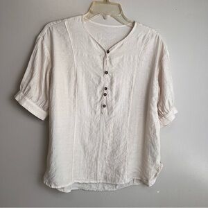 VDH Studio Cream Linen-Look Short Sleeve Blouse Size Small EUC